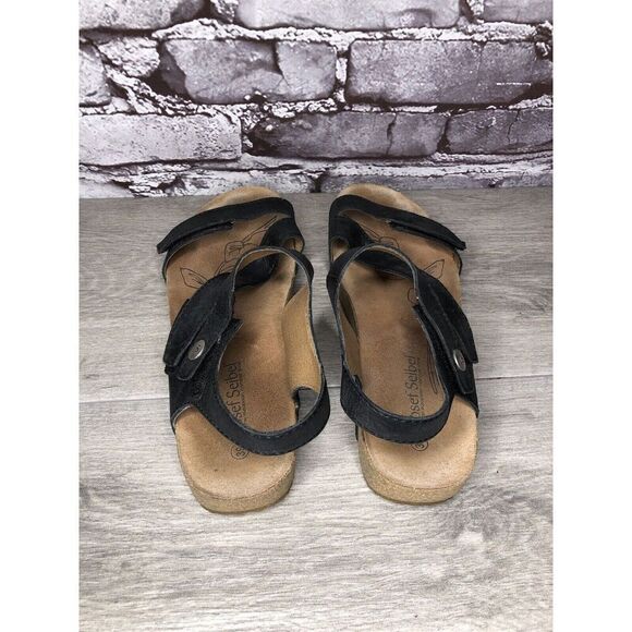 Josef Seibel Black Leather Cork Ankle Strap Wedge Sandals Women Sz 39EU/8.5M US - Picture 11 of 16